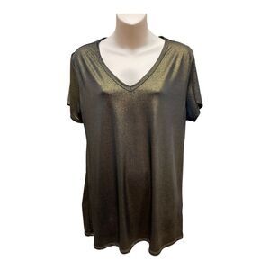 Free Kisses Metallic gold V-Neck Short Sleeve Tee T-Shirt Soft Stretch XL EUC